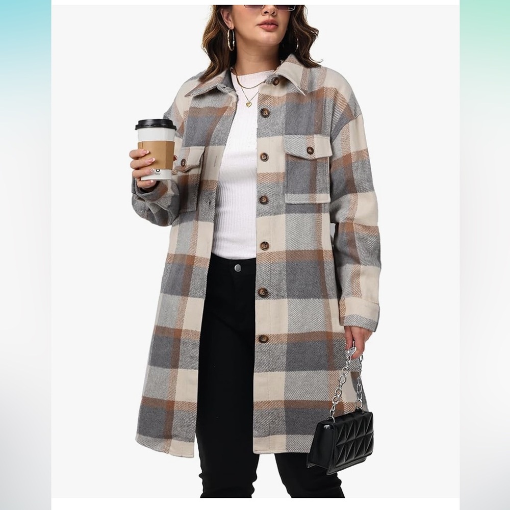 Women’s Size M Shacket Jacket Fall Plaid Flannel Button Down Shirts Long Sleeve